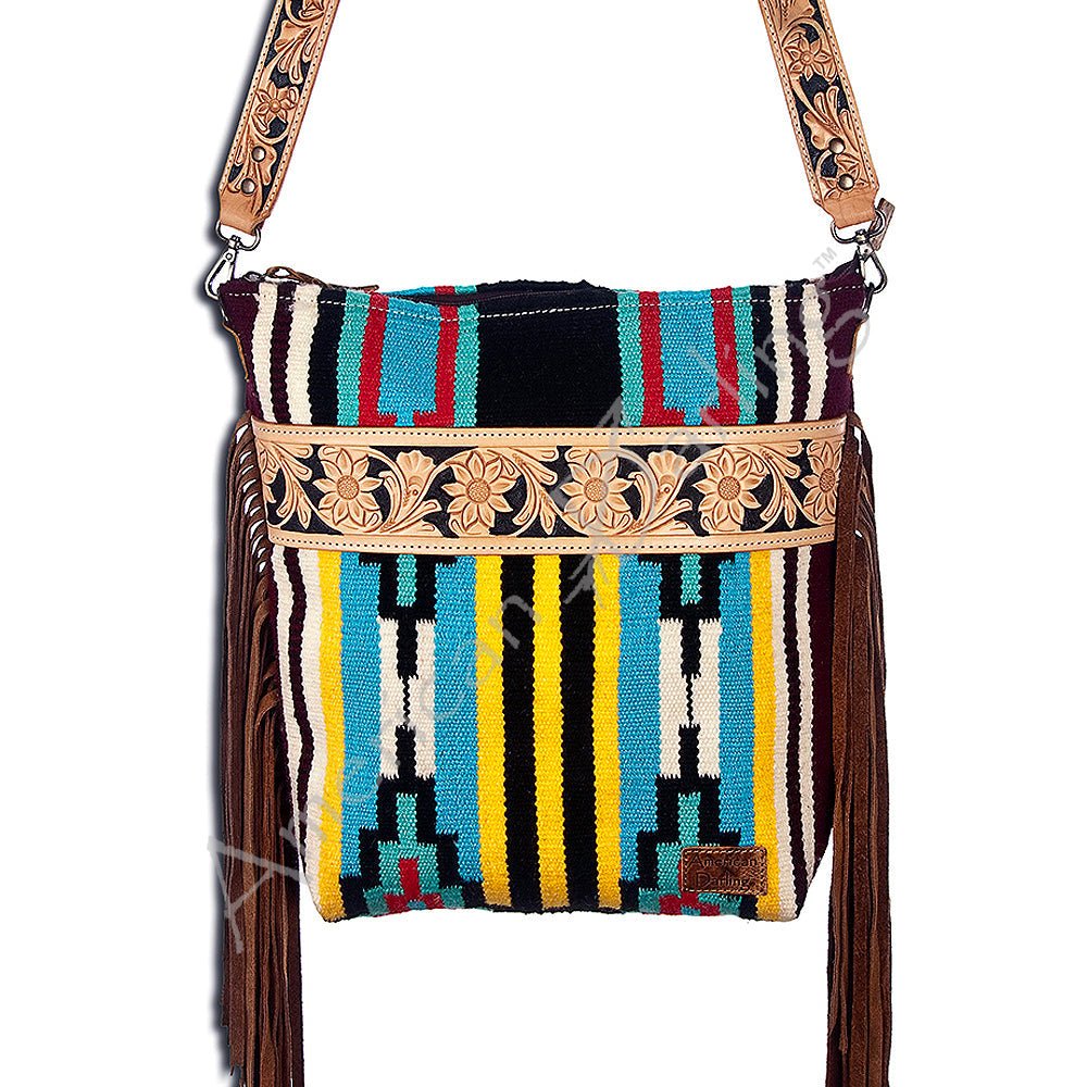 American Darling Large Crossbody Hand Tooled Saddle Blanket Genuine Leather