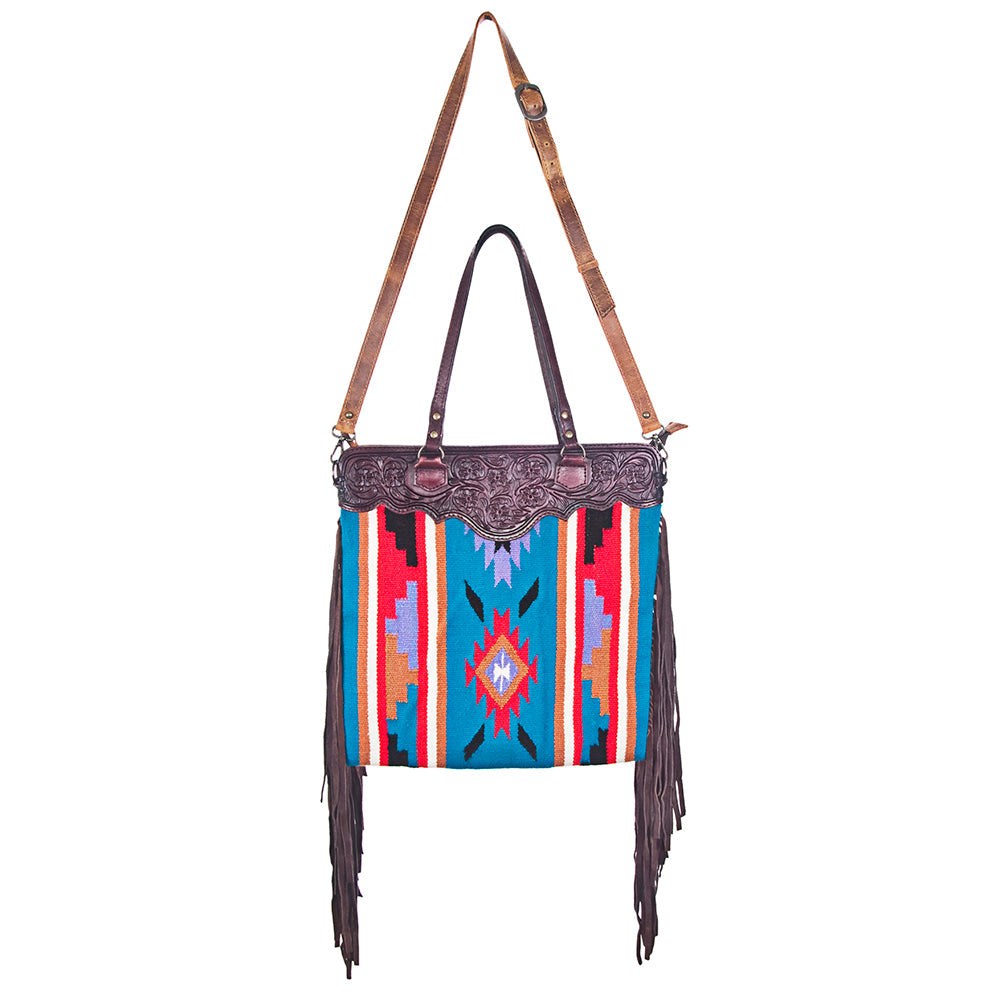 American Darling Large Cross body Bag - Western Genuine Leather Hand Tooled Floral Purse with Woven Saddle Blanket & Fringe