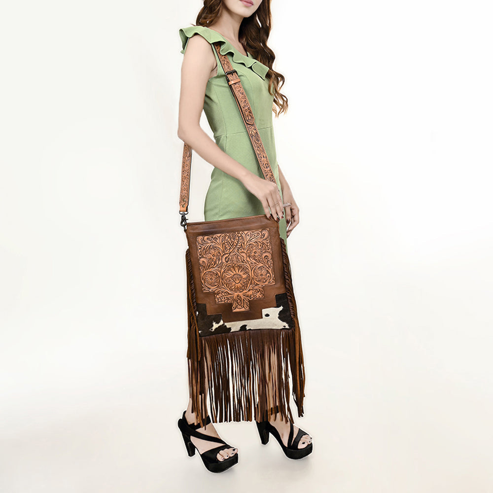 American Darling Messenger Bag, Hand Tooled Floral Leather, Hair-On Cowhide with Fringes, Western Crossbody Travel Purse