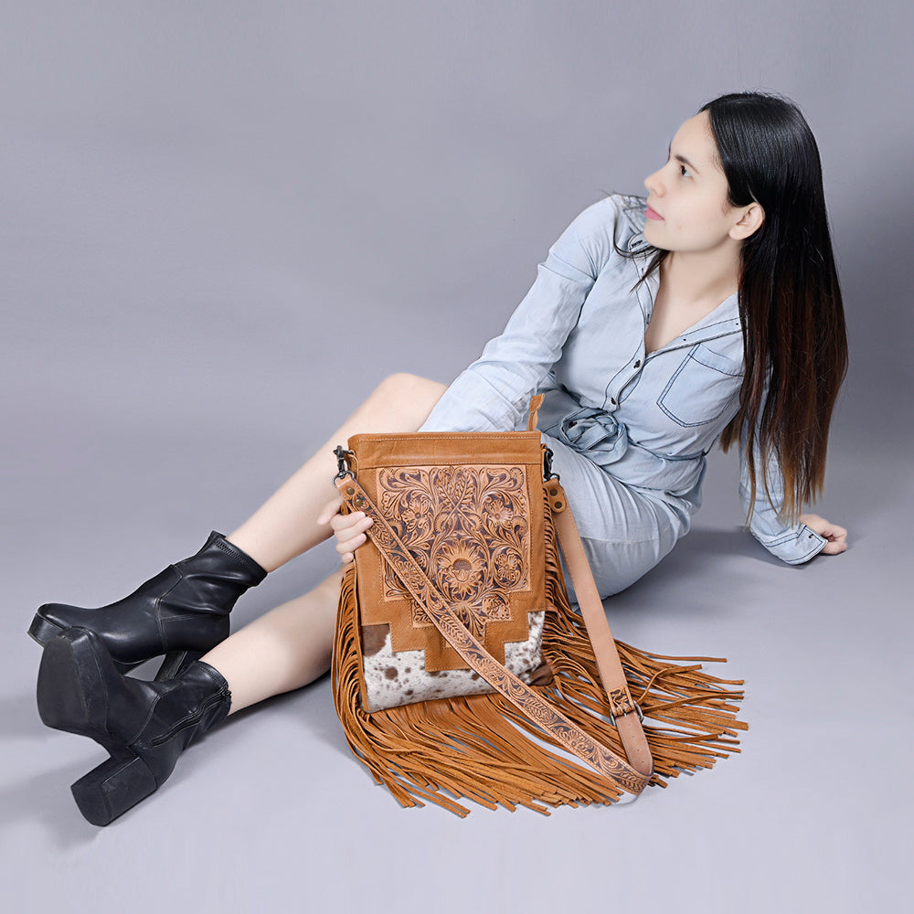 American Darling Messenger Hand Tooled Hair-On Genuine Leather