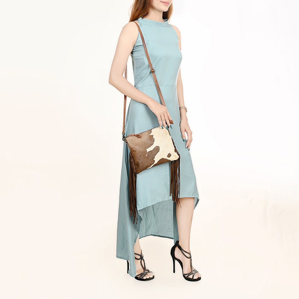 American Darling Western Small Crossbody Bag – Genuine Hair-On Cowhide Leather with Fringes, Adjustable Strap, Handcrafted in Texas