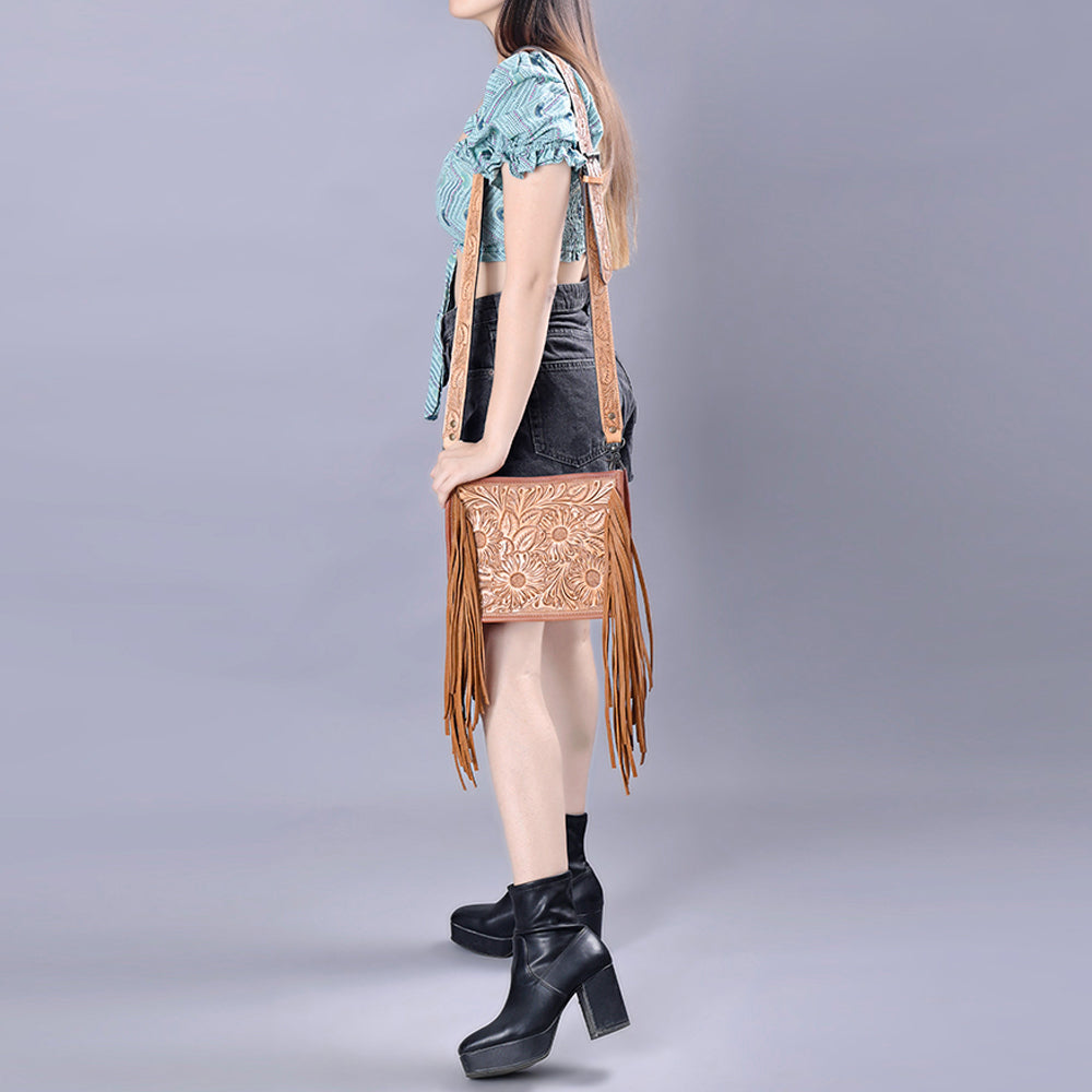 American Darling Messenger Bag Handcrafted from Hand Tooled Floral Carved Genuine Leather with Fringes and YKK Zipper