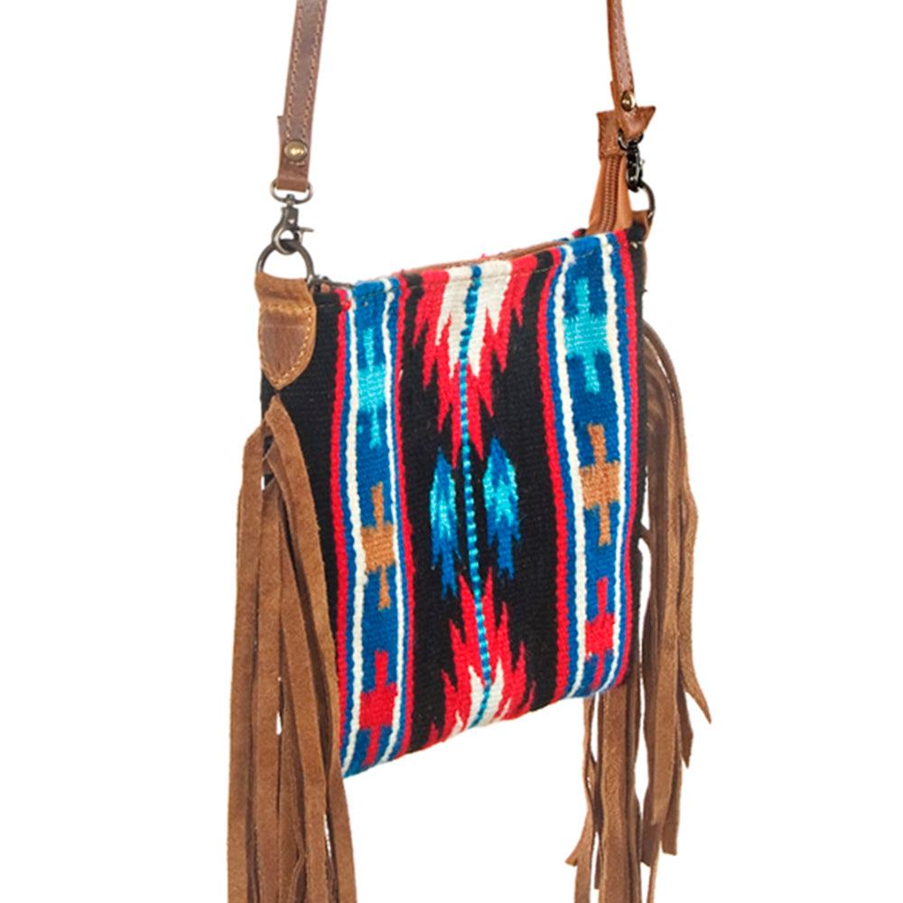 American Darling Cross body Bag Handcrafted from Hand Woven Saddle Blanket & Genuine Leather with Fringes and YKK Zipper