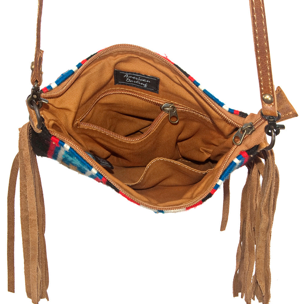 American Darling Cross body Bag Handcrafted from Hand Woven Saddle Blanket & Genuine Leather with Fringes and YKK Zipper