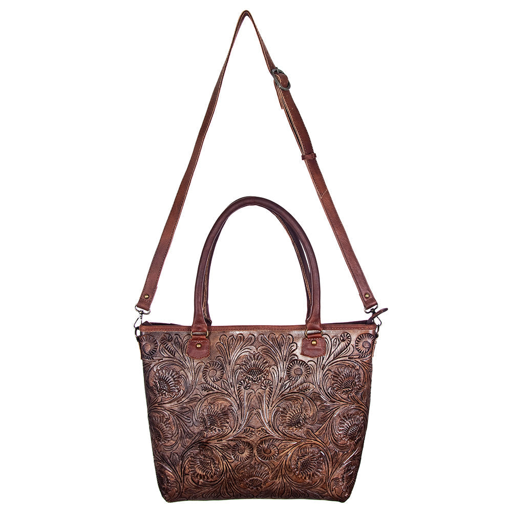 American Darling Tote Bag Handcrafted from Hand Tooled Floral Carved Genuine Leather with YKK Zipper