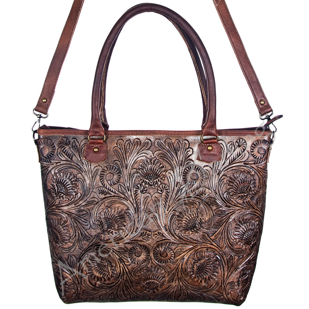 American Darling Tote Bag Handcrafted from Hand Tooled Floral Carved Genuine Leather with YKK Zipper