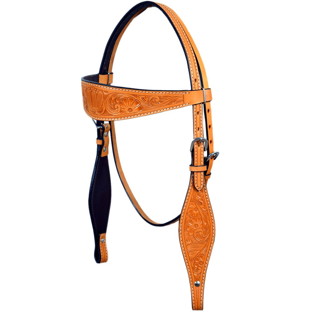 Western Horse Headstall Floral Carved Tan Leather