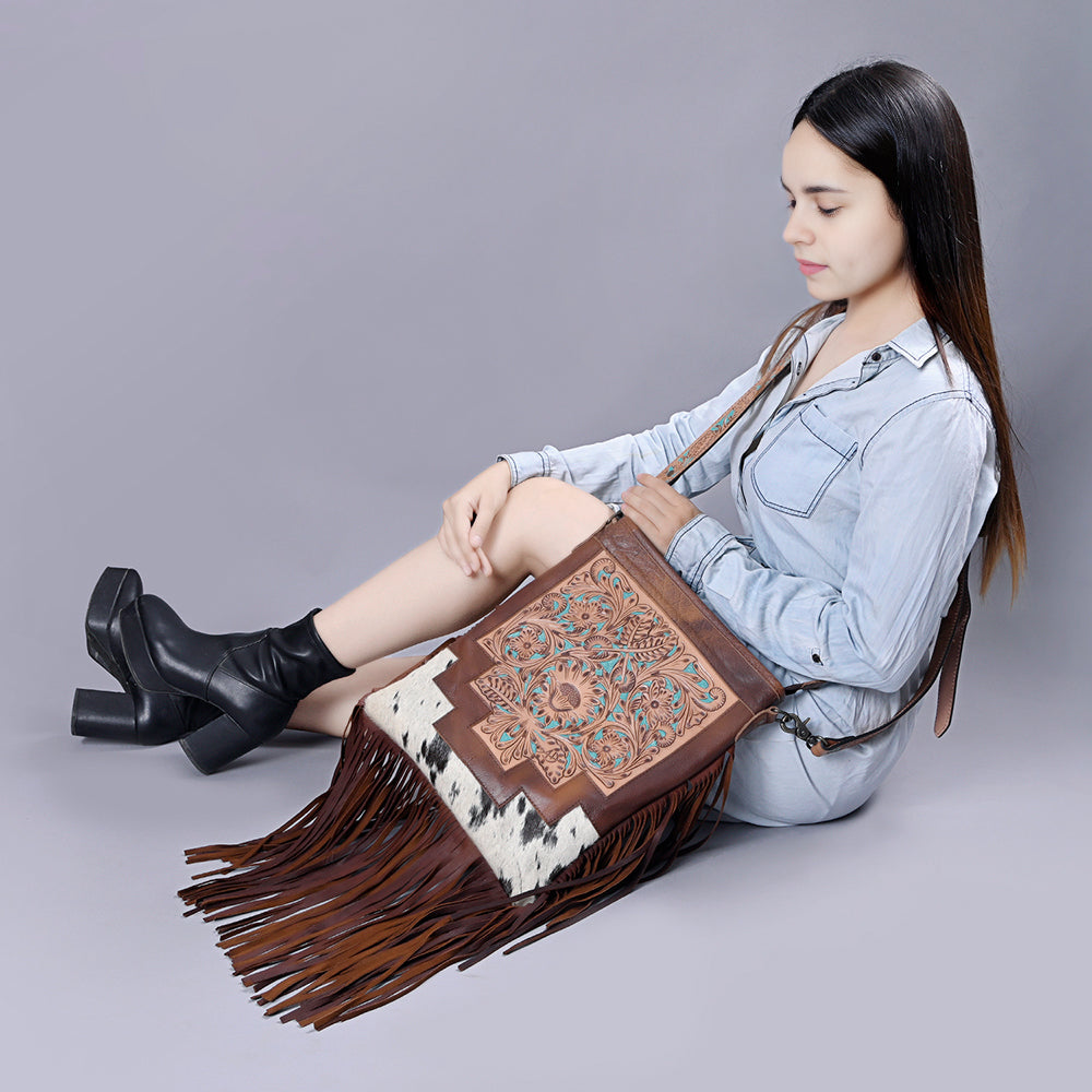 American Darling Messenger Hand Tooled Hair-On Genuine Leather