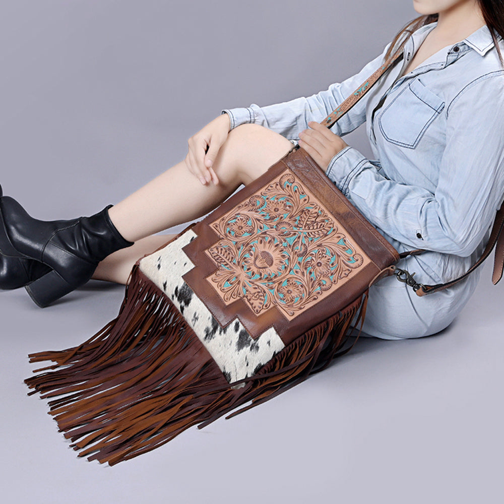 American Darling Messenger Bag, Hand Tooled Floral Leather, Hair-On Cowhide with Fringes, Western Crossbody Travel Purse