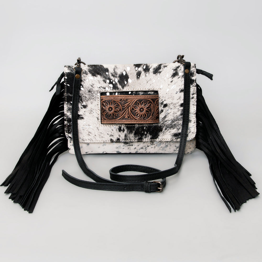 American Darling Small Cross body Bag Hand Tooled Floral Carved Leather Hair-On Cowhide with Fringes