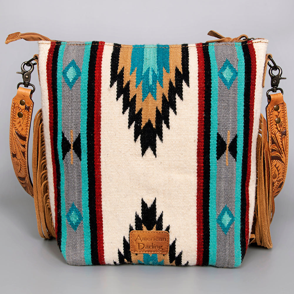 American Darling Large Cross body Bag - Western Genuine Leather Hand Tooled Floral Purse with Woven Saddle Blanket & Fringe