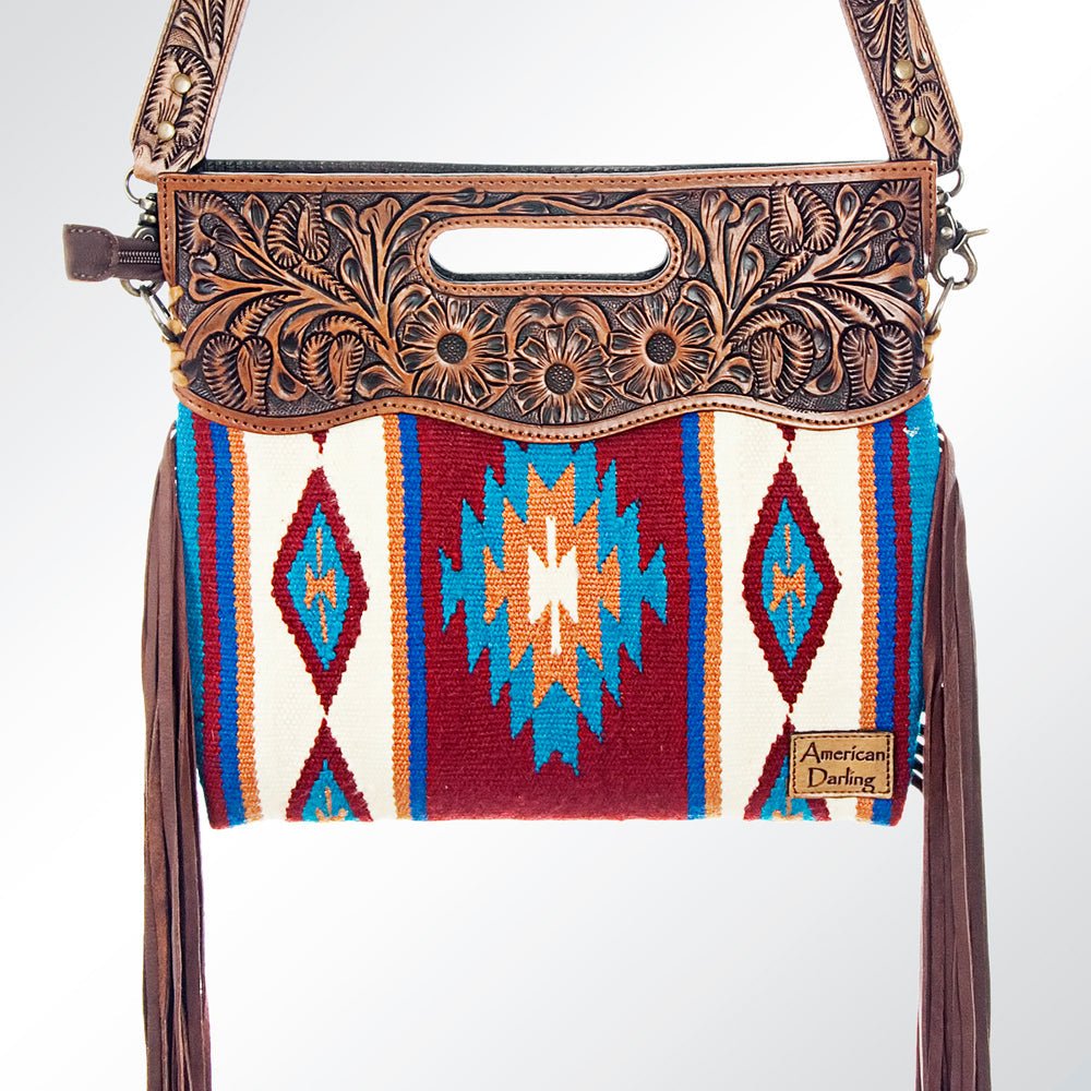 American Darling Clutch Hand Tooled Saddle Blanket Fabric Genuine Leather Western Women Bag Handbag Purse | Purses for Cute