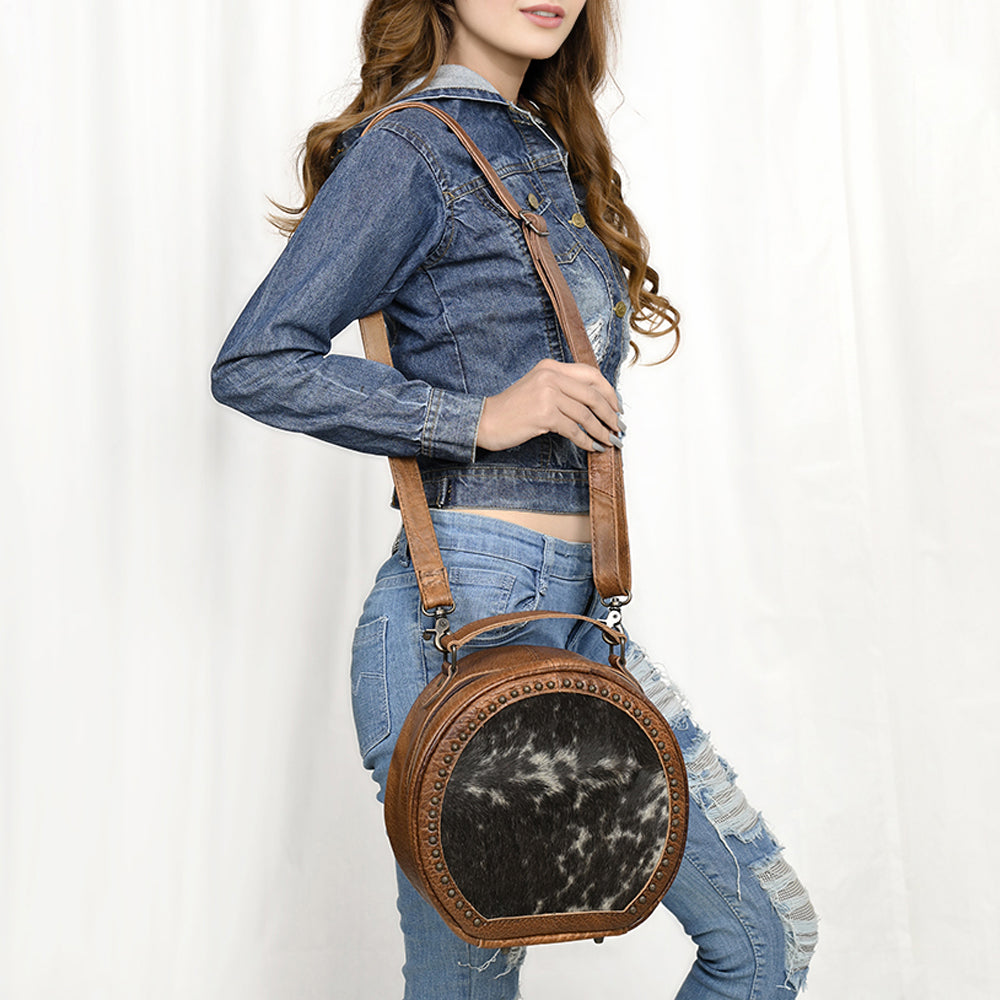American Darling Canteen Bag Western Leather Hair-On Cowhide Purse with Rivets Embossed and Secure YKK Zipper