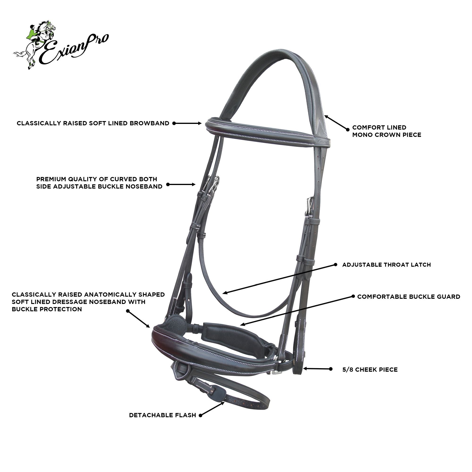ExionPro Dressage Bridle: Mono Crown, Raised Browband, Anatomical Noseband, Detachable Flash & Web Reins by Bridles &...