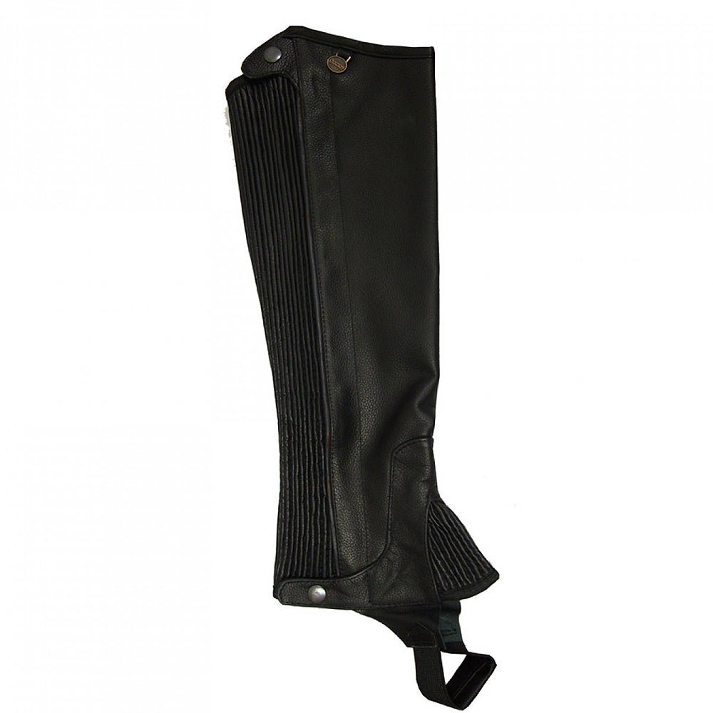 Short Small Ladies Half Chaps Top Grain Leather Black Stretch Panels