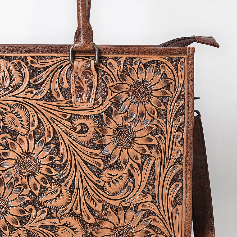 American Darling Tote Bag Handcrafted from Hand Tooled Floral Carved Genuine Leather with YKK Zipper and Large Capacity