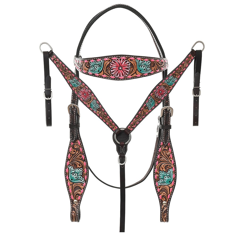 Hand-Carved Leather Western Headstall And Breast Collar Set For Training And Showing