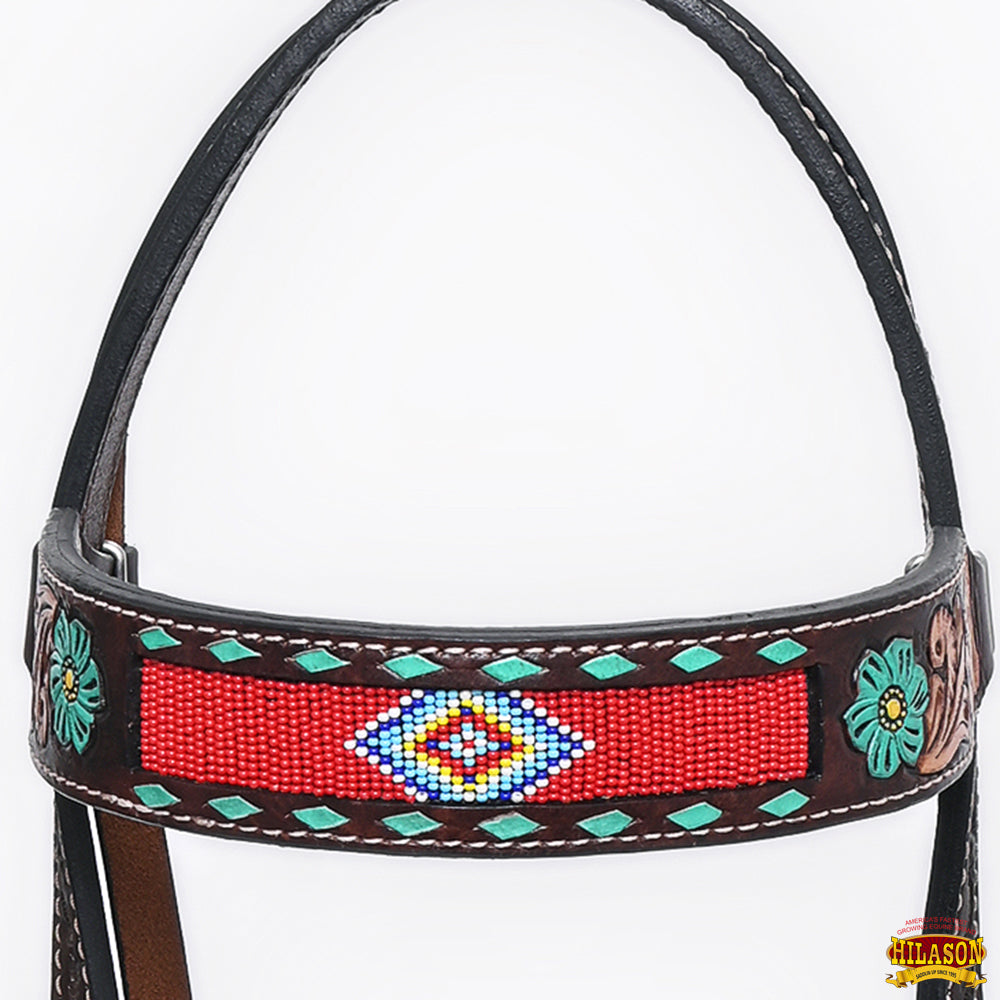 HILASON Western Horse Headstall & Breast Collar American Leather Floral Beaded
