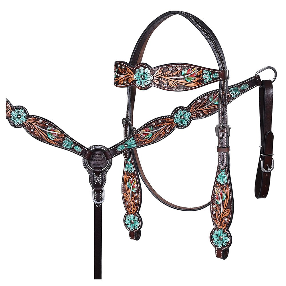 Hand-Carved Leather Western Headstall And Breast Collar Set For Training And Showing