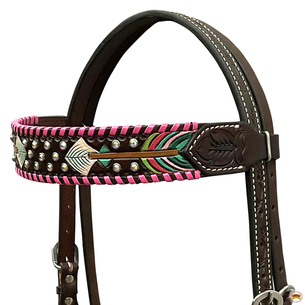 HILASON Western Horse Headstall Breast Collar American Leather Pastel Arrows Brown  | Tack for Horses
