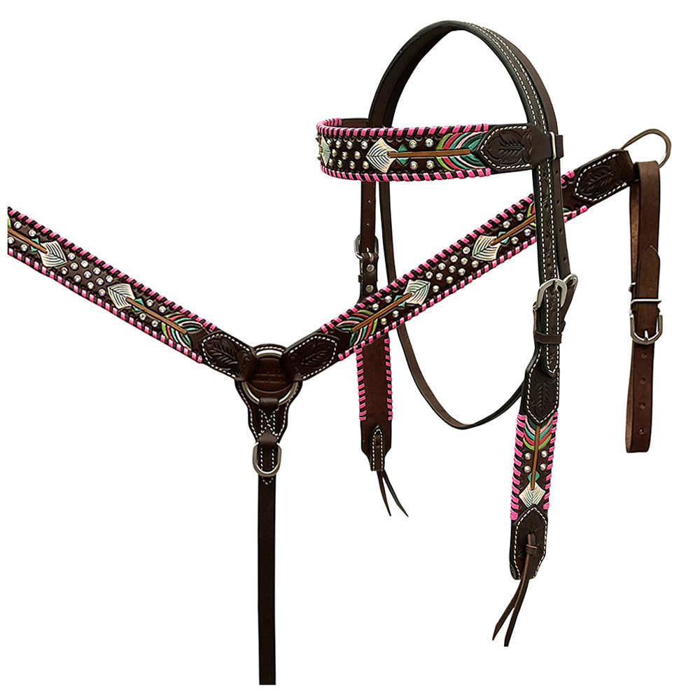 HILASON Floral Painted Beaded American Leather Horse Headstall Breast Collar