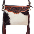 American Darling Small Cross body Bag Handcrafted from Hand Tooled Floral Leather & Hair-On Cowhide with Fringes & YKK Zipper