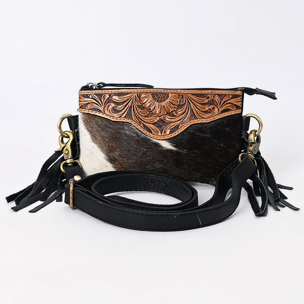 American Darling Small Cross body Bag Handcrafted from Hand Tooled Floral Leather & Hair-On Cowhide with Fringes and YKK Zipper
