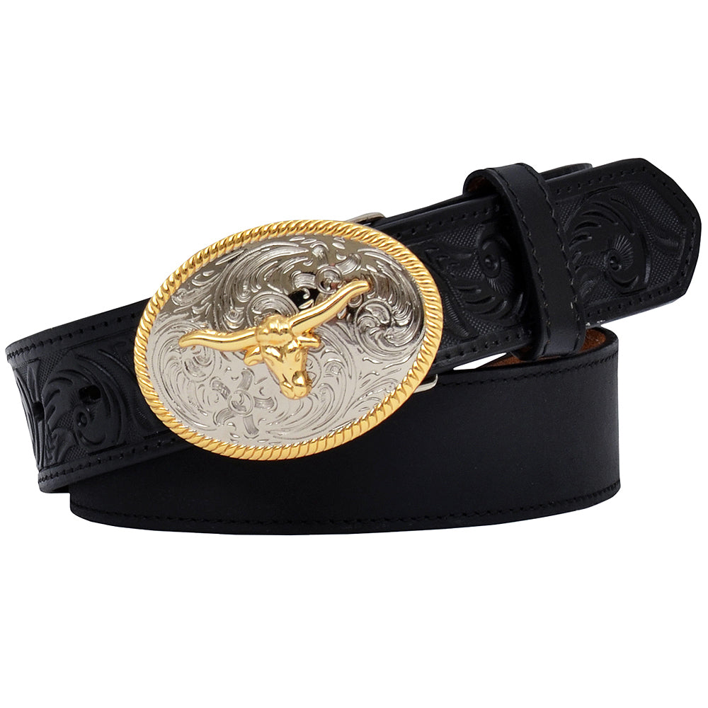 3D Belt Western Boys Basic Longhorn Floral Leather Black
