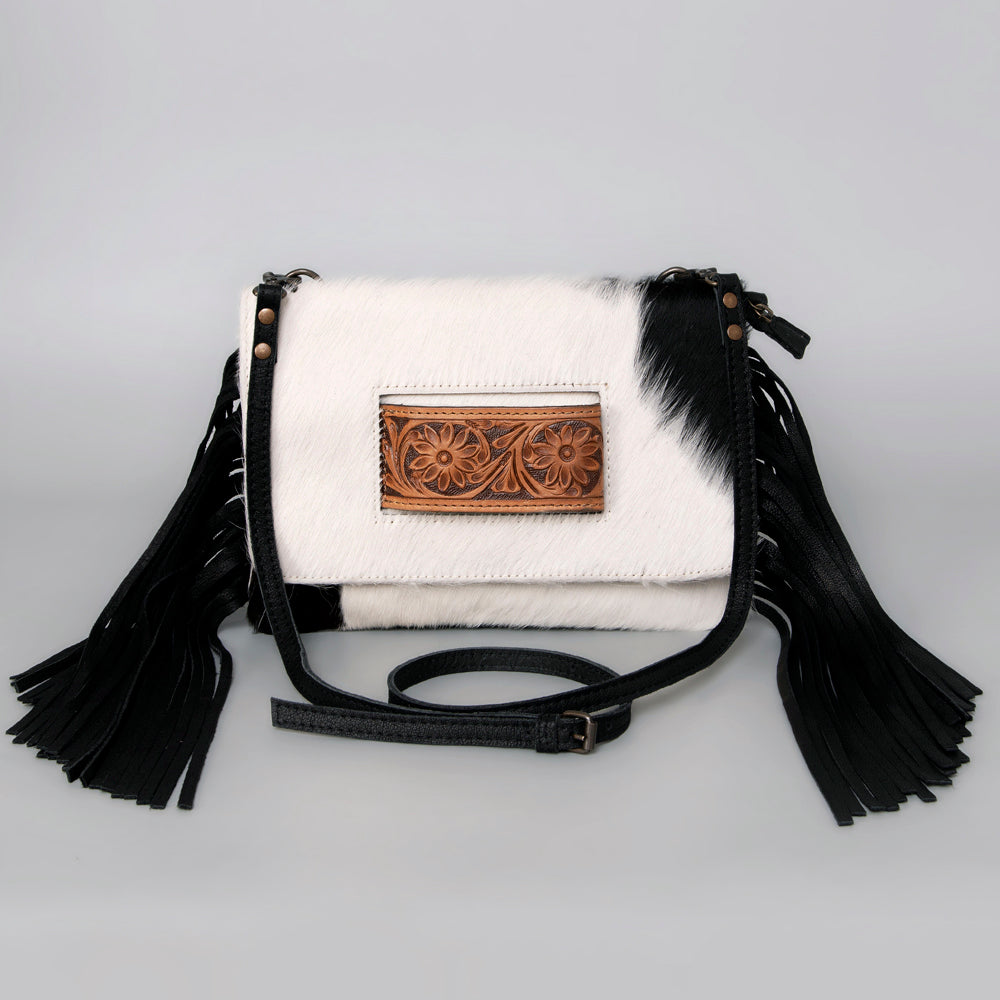 American Darling Small Cross body Bag Hand Tooled Floral Carved Leather Hair-On Cowhide with Fringes