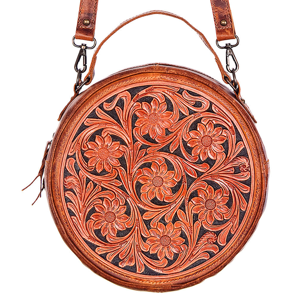 American Darling Canteen Bag Handcrafted from Hand Tooled Floral Leather and Full Grain Leather with YKK Zipper