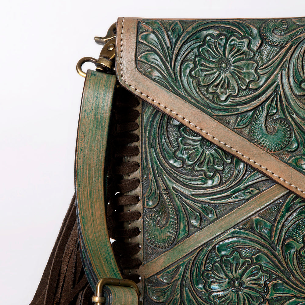 American Darling Envelope Bag Handcrafted from Hand Tooled Floral Leather with Braided Edges, Fringes, and YKK Zipper