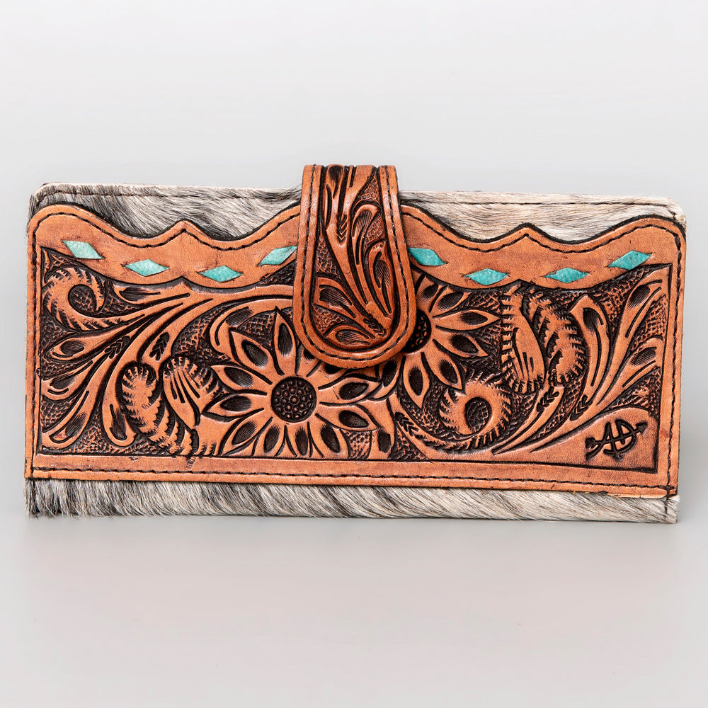 American Darling Western Wallet Bag Hand Tooled Floral Carved Hair-On Cowhide Genuine Vegetable Tanned Leather Travel Clutch