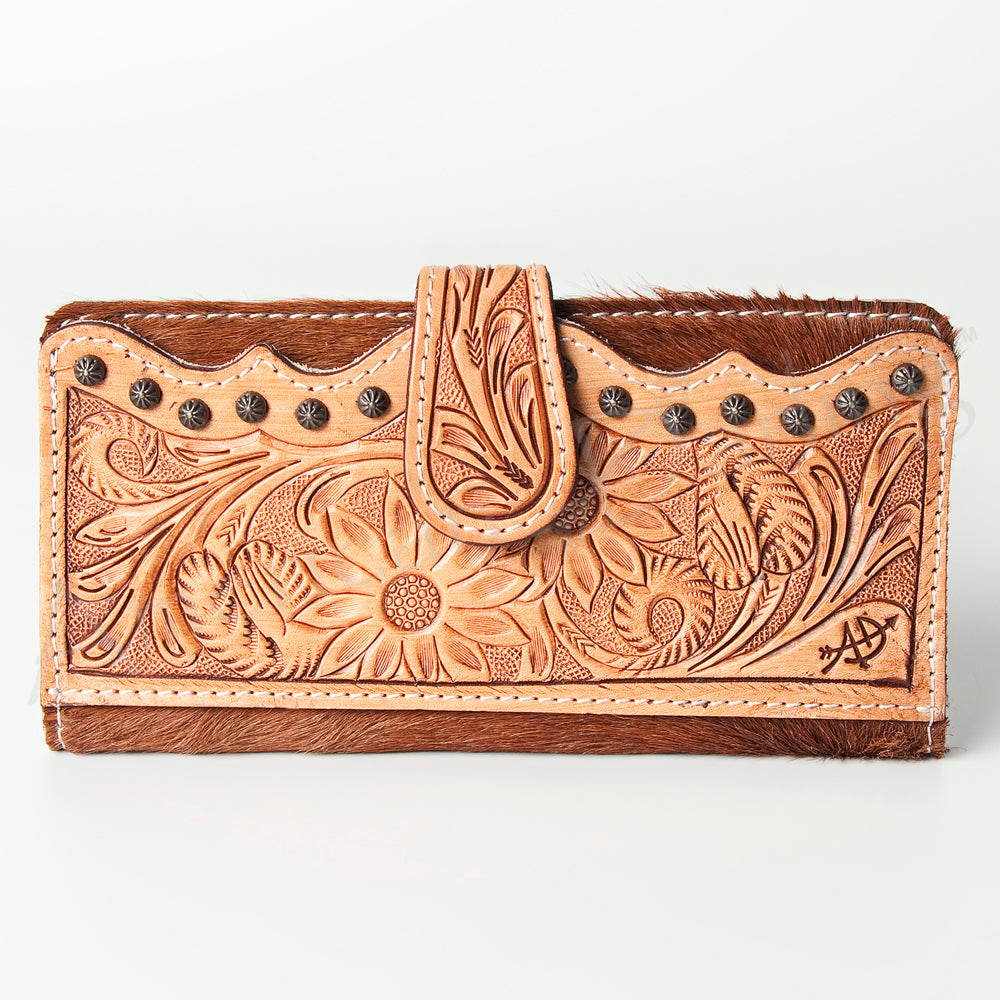 American Darling Western Wallet Bag Hand Tooled Floral Carved Hair-On Cowhide Genuine Vegetable Tanned Leather Travel Clutch