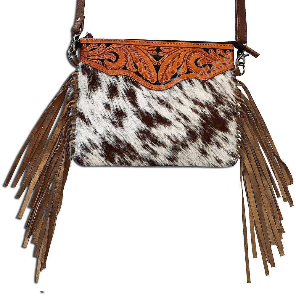American Darling Small Cross body Bag Handcrafted from Hand Tooled Floral Leather & Hair-On Cowhide with Fringes & YKK Zipper