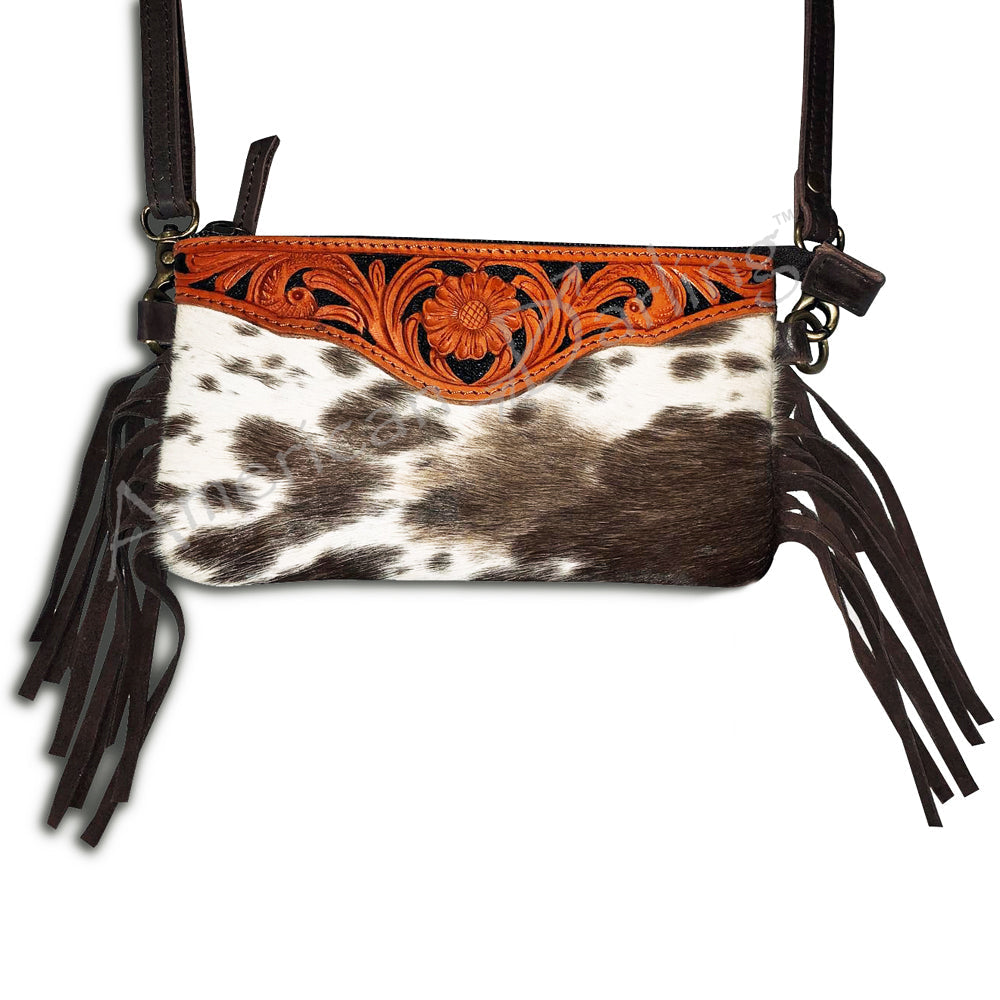American Darling Small Cross body Bag Handcrafted from Hand Tooled Floral Leather & Hair-On Cowhide with Fringes & YKK Zipper