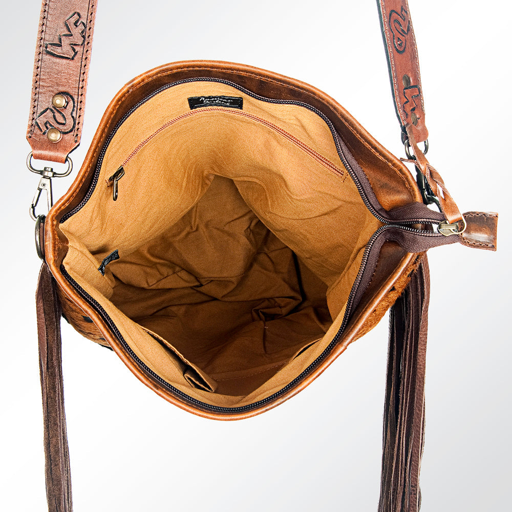 American Darling Large Cross body Bag Handcrafted from Hair-On Cowhide & Hand Tooled Genuine Leather with Fringes