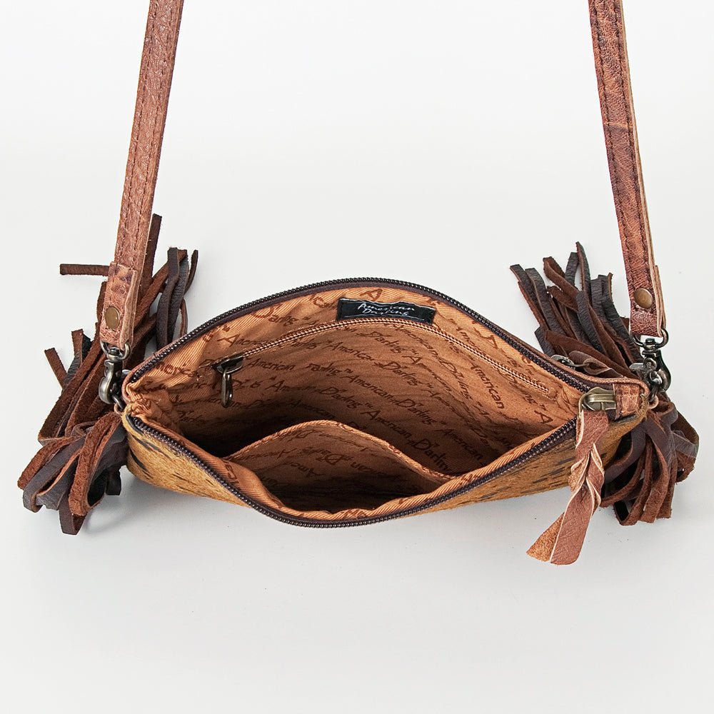 American Darling Western Small Crossbody Bag – Genuine Hair-On Cowhide Leather with Fringes, Adjustable Strap, Handcrafted in Texas