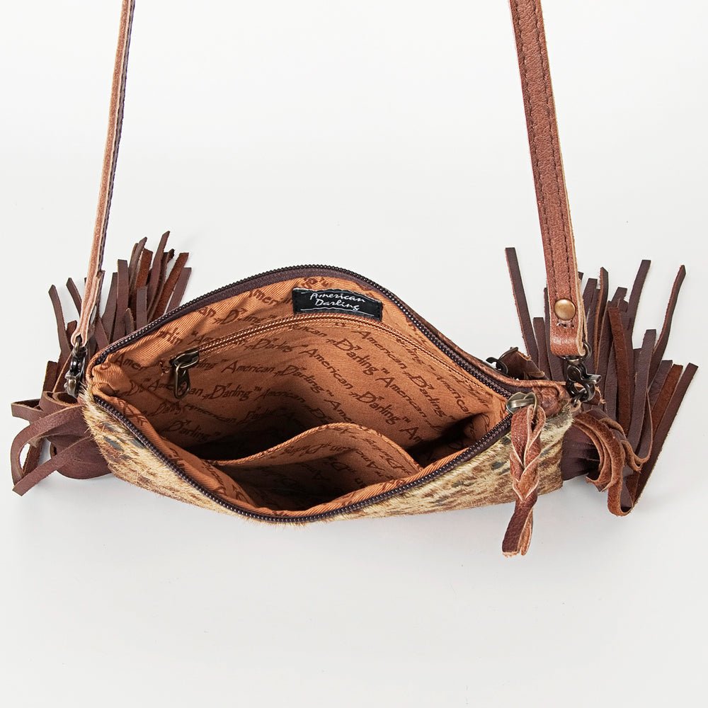 American Darling Western Small Crossbody Bag – Genuine Hair-On Cowhide Leather with Fringes, Adjustable Strap, Handcrafted in Texas