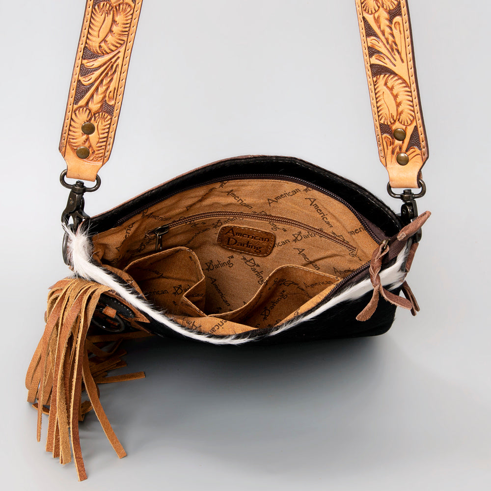 American Darling Chaps Bag Handcrafted from Hand Tooled Leather & Hair-On Cowhide with Concho, Fringes, and YKK Zipper
