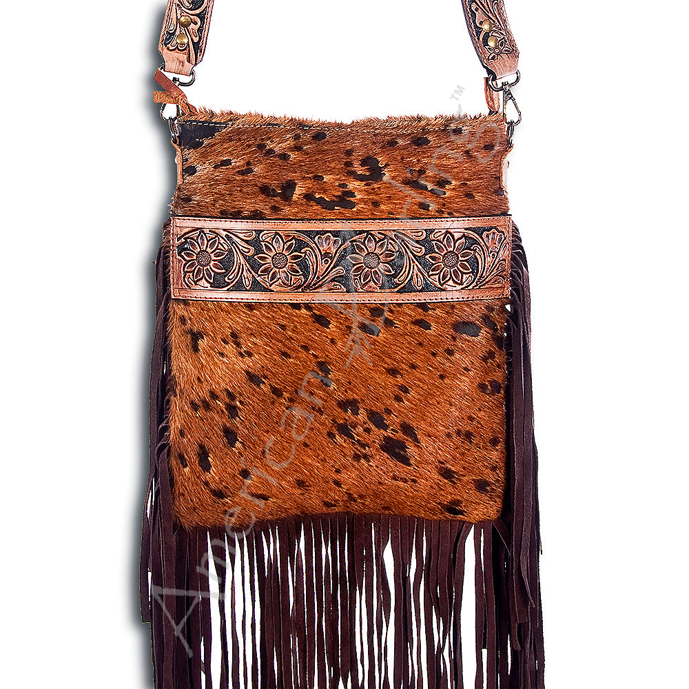 American Darling Messenger Hand Tooled Hair On Genuine Leather Western Women Bag Handbag Purse | Cute