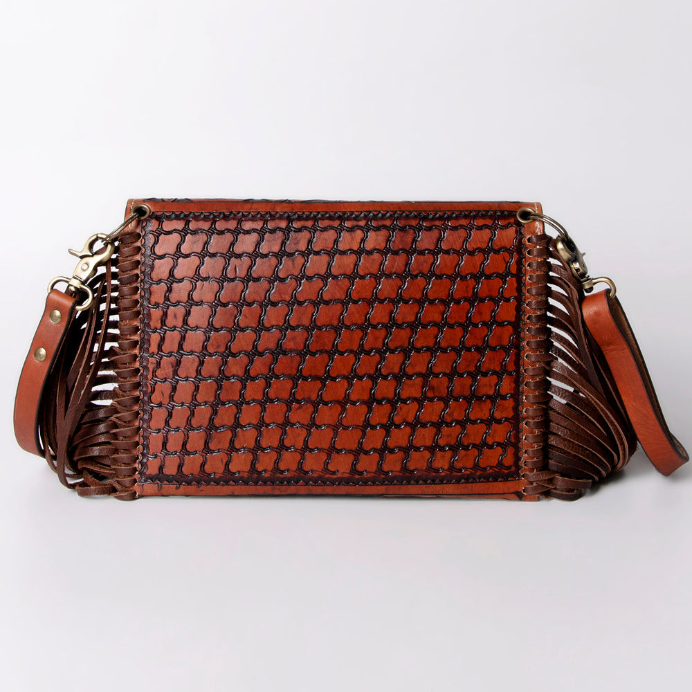 American Darling Envelope Bag Handcrafted from Hand Tooled Floral Leather with Braided Edges, Fringes, and YKK Zipper