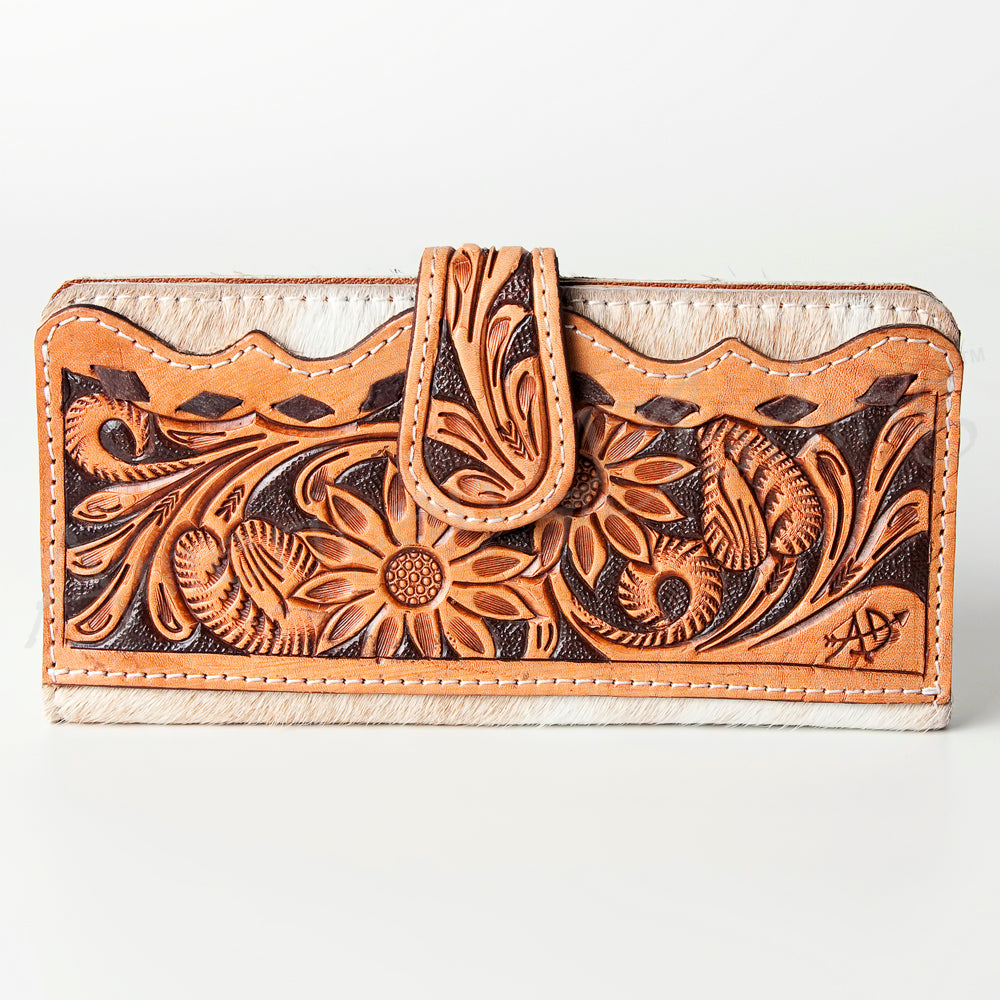 American Darling Western Wallet Bag Hand Tooled Floral Carved Hair-On Cowhide Genuine Vegetable Tanned Leather Travel Clutch