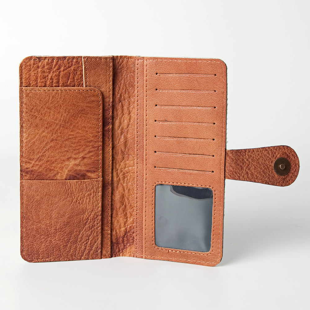 American Darling Western Wallet Bag Hand Tooled Floral Carved Hair-On Cowhide Genuine Vegetable Tanned Leather Travel Clutch