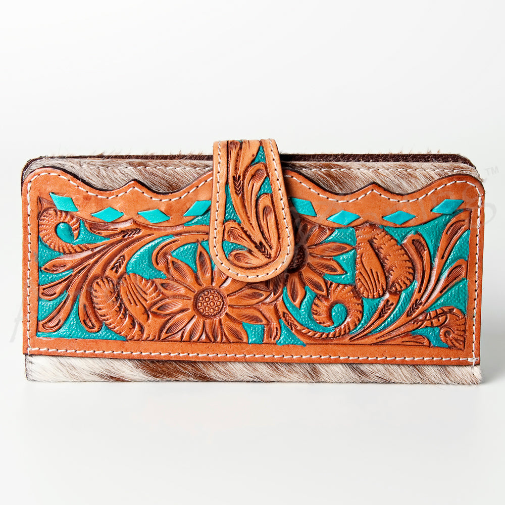 American Darling Western Wallet Bag Hand Tooled Floral Carved Hair-On Cowhide Genuine Vegetable Tanned Leather Travel Clutch