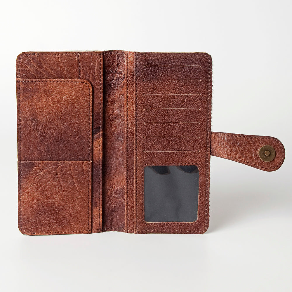 American Darling Western Wallet Bag Hand Tooled Floral Carved Hair-On Cowhide Genuine Vegetable Tanned Leather Travel Clutch