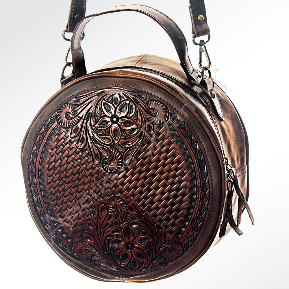 American Darling Western Canteen Bag Hand Tooled Floral Carved Genuine Vegetable Tanned Leather Round Crossbody Purse