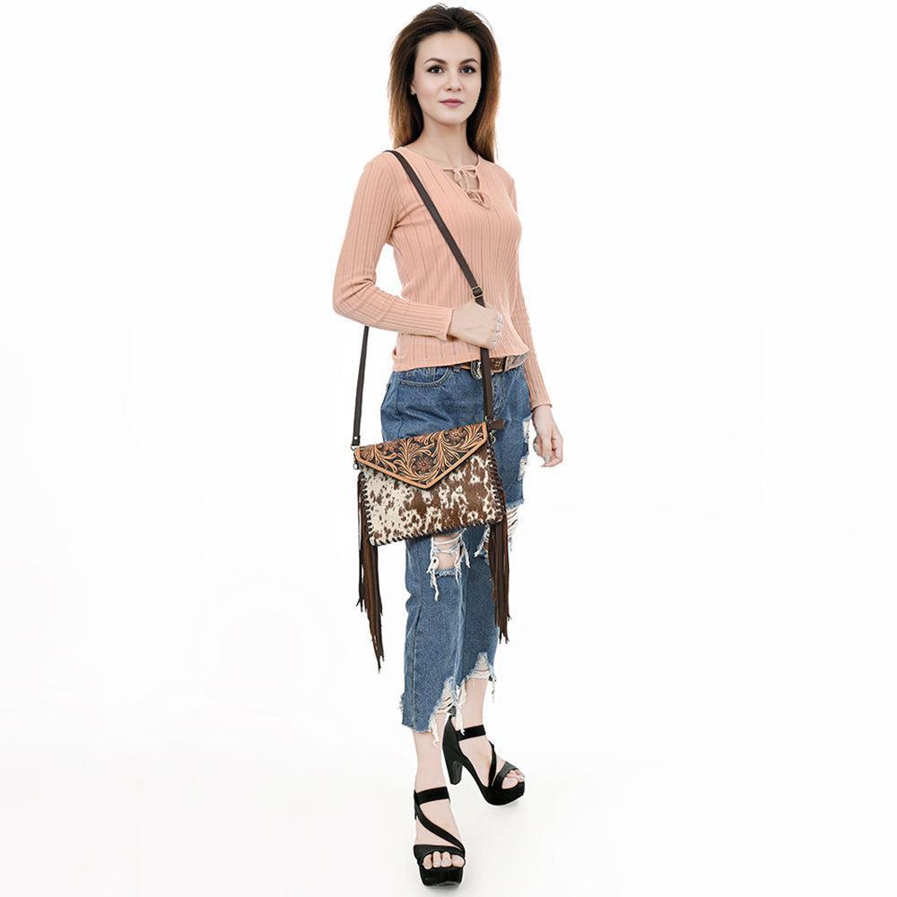 American Darling Hand-Tooled Hair-On Genuine Leather Envelope Bag