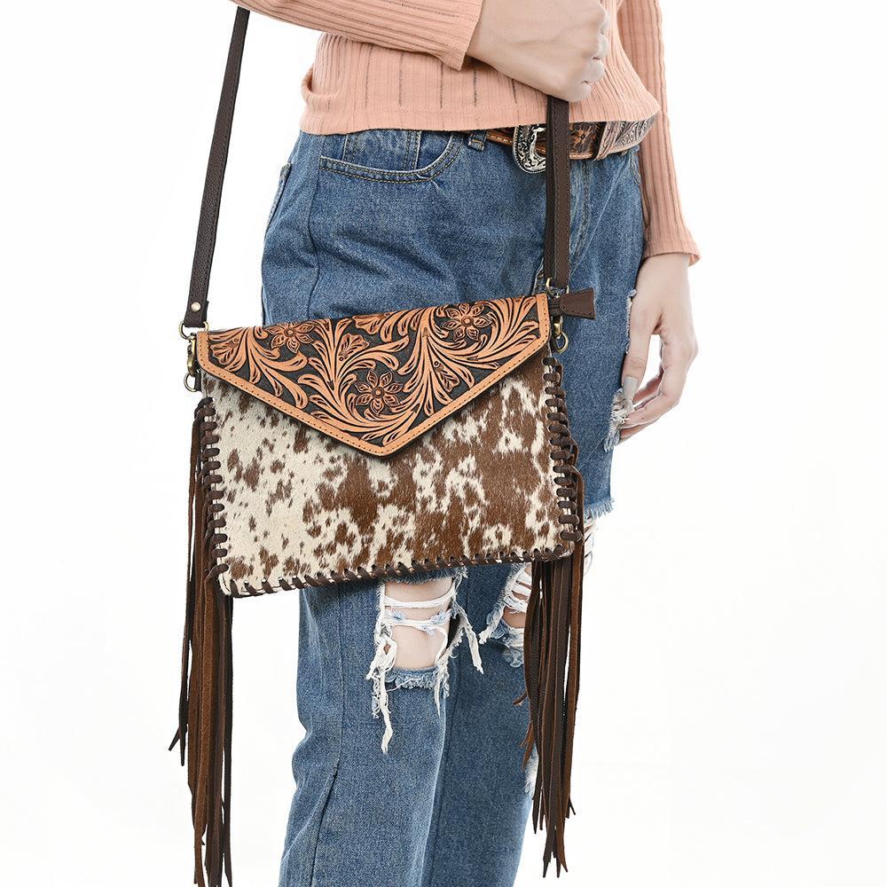 American Darling Hand-Tooled Hair-On Genuine Leather Envelope Bag
