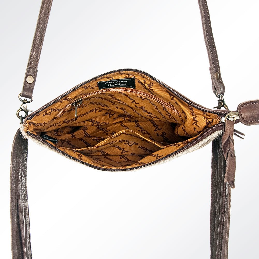American Darling Western Small Crossbody Bag – Genuine Hair-On Cowhide Leather with Fringes, Adjustable Strap, Handcrafted in Texas