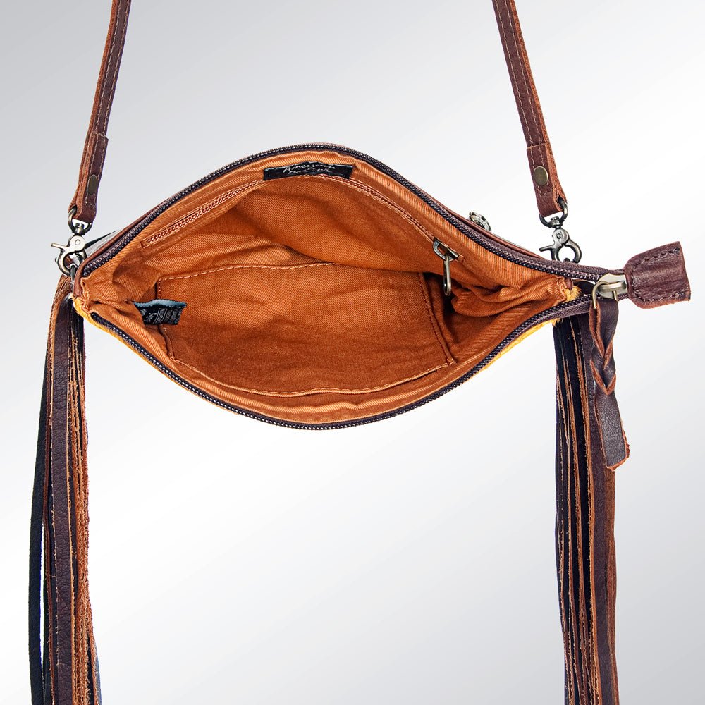 American Darling Western Small Crossbody Bag – Genuine Hair-On Cowhide Leather with Fringes, Adjustable Strap, Handcrafted in Texas